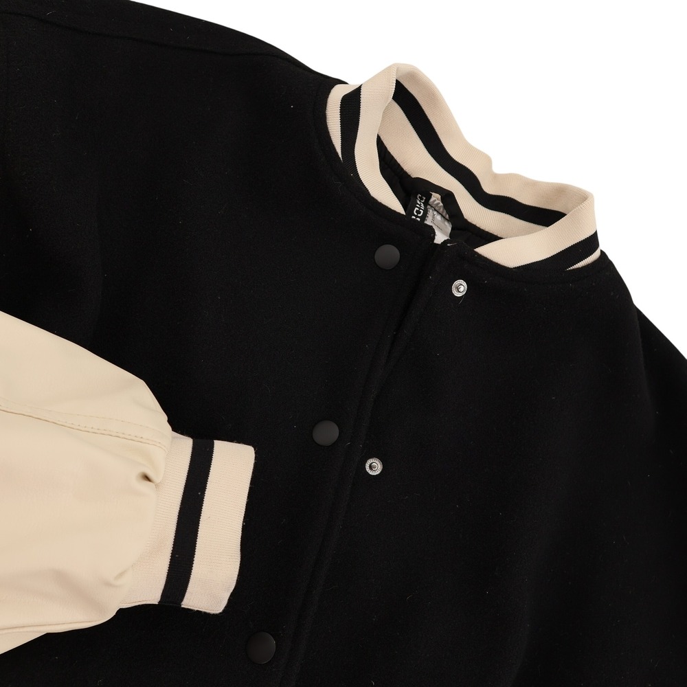 H&M Divided Mens Varsity Bomber Jacket Black Cream Striped Trim Size Medium